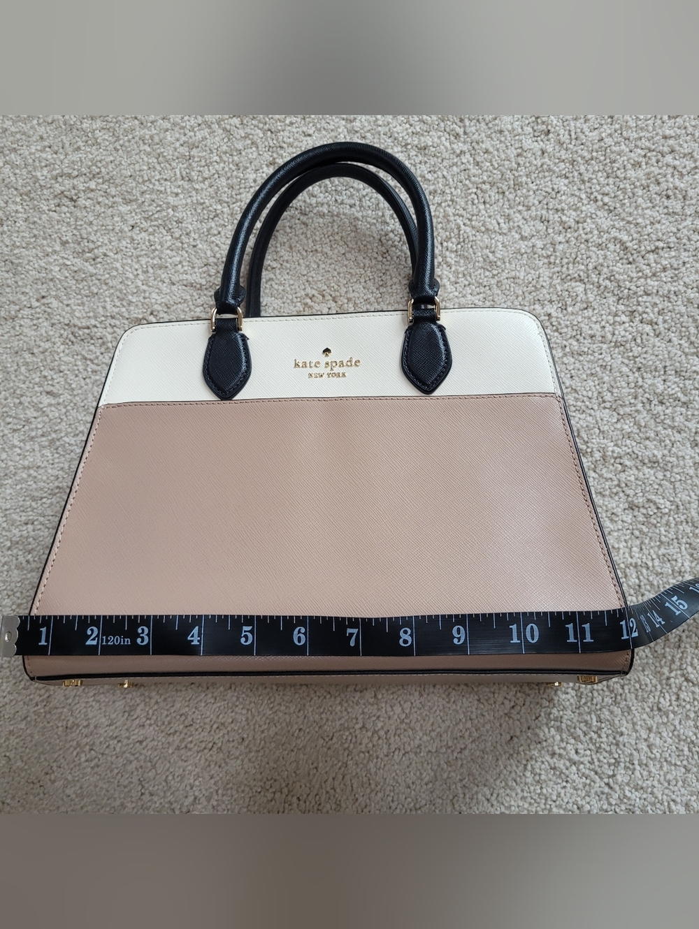 Kate Spade Womens Cream Tan Black Leather Madison Top Zip Medium Satchel - Picture 10 of 12